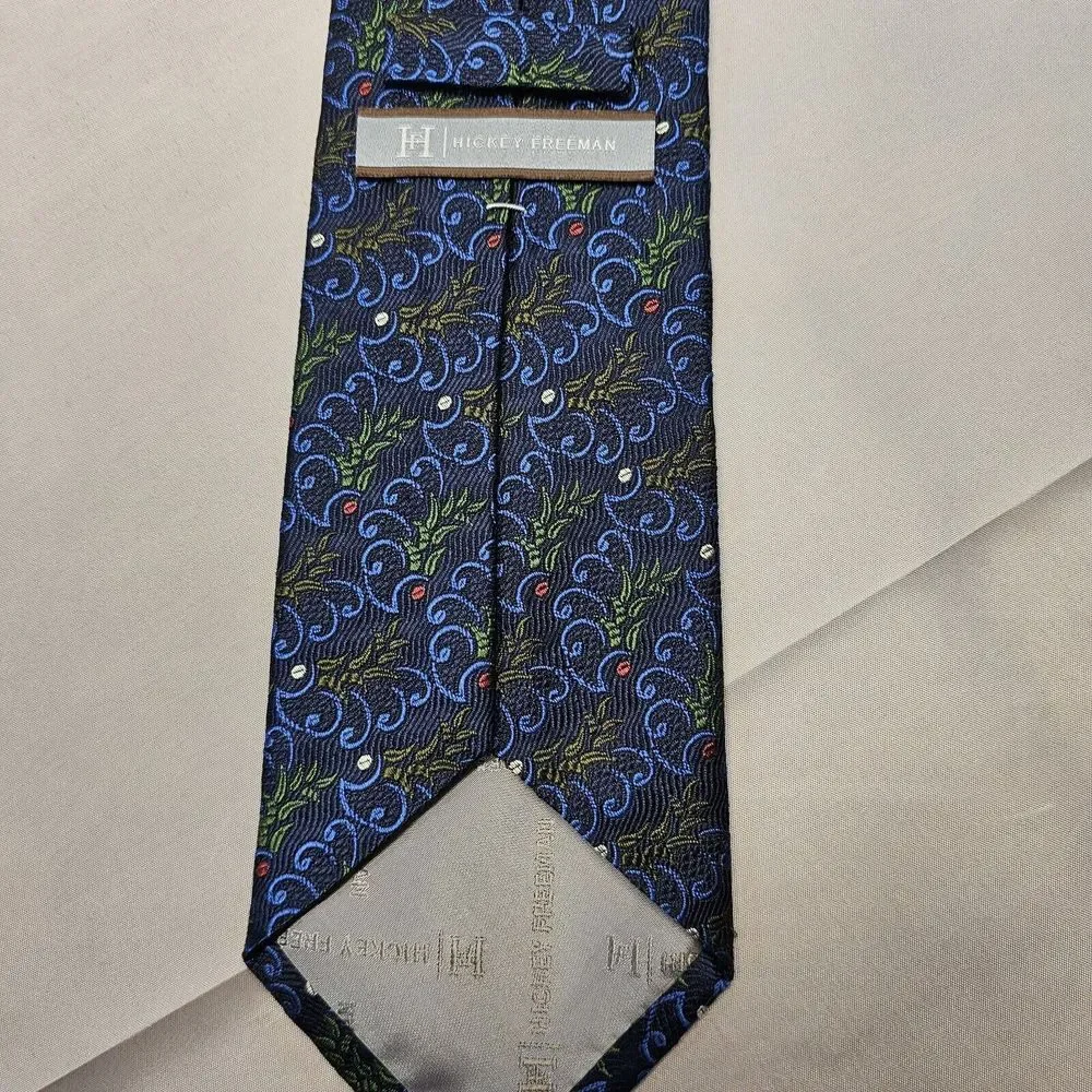 Hickey Freeman Tie Mens Silk Blue Geometric Pattern 60x3.5‎ Extra Long